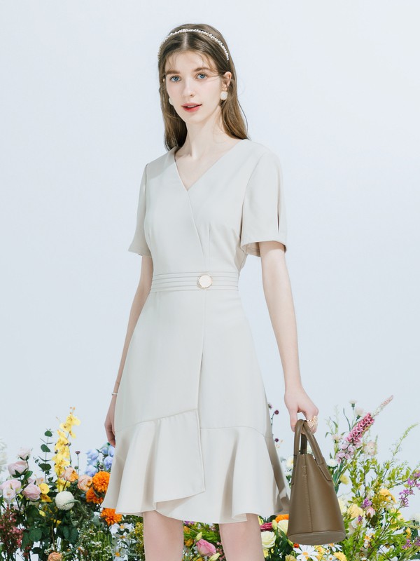 佳人苑女装2023春夏季米色连衣裙