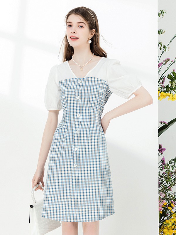 佳人苑女装2023春夏季蓝色连衣裙