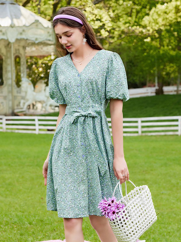 佳人苑女装2023春夏季绿色连衣裙