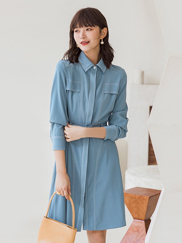 碧可女装2022秋冬季蓝色衬衫裙