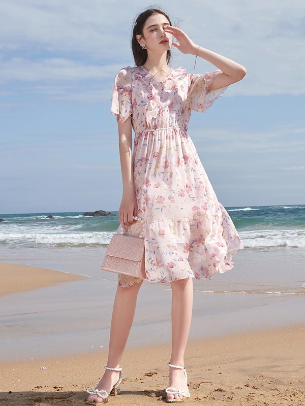 三彩女装2023春夏季粉色连衣裙