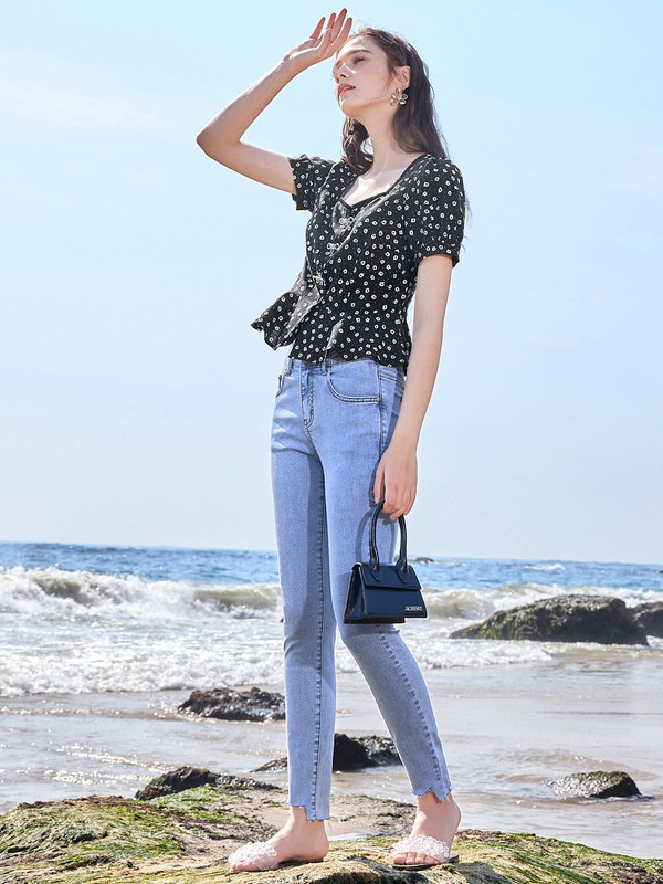 三彩女装2023春夏季黑色T恤