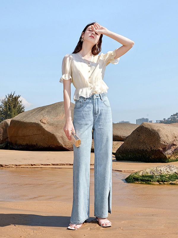 三彩女装2023春夏季蓝色长裤