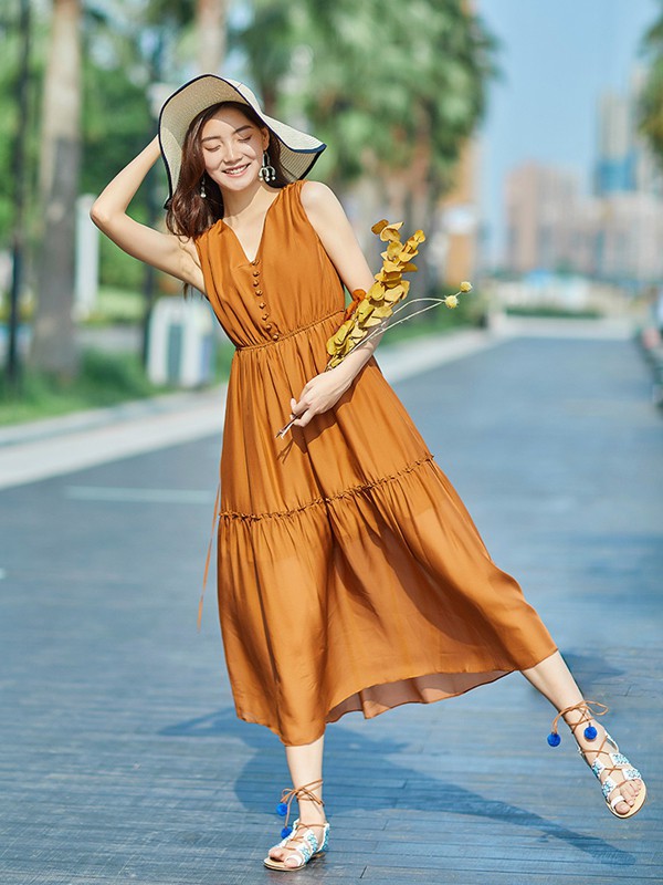真情告白女装2023春夏季橙色连衣裙