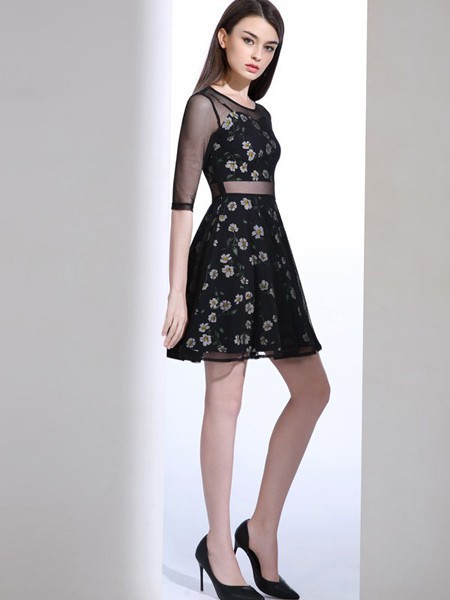 欧若朵尔女装2023春夏季黑色连衣裙