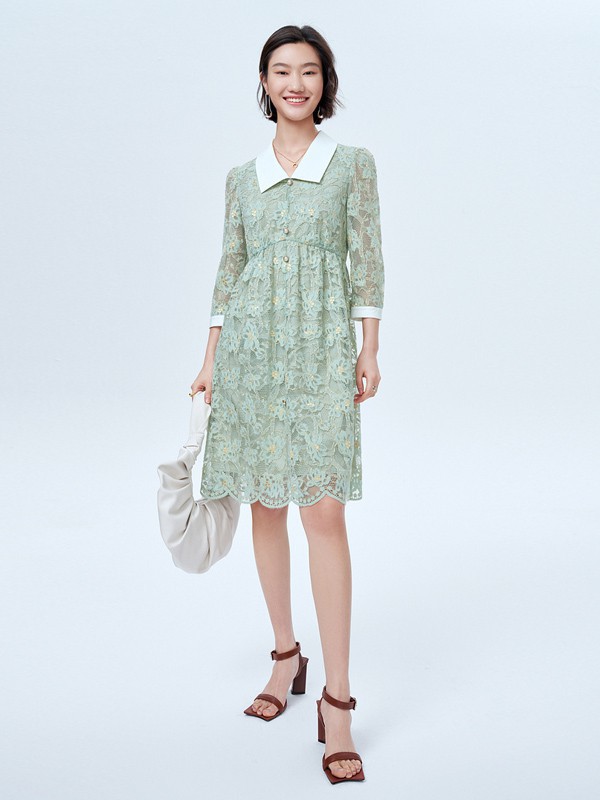 恩裳女装2023春夏季绿色连衣裙