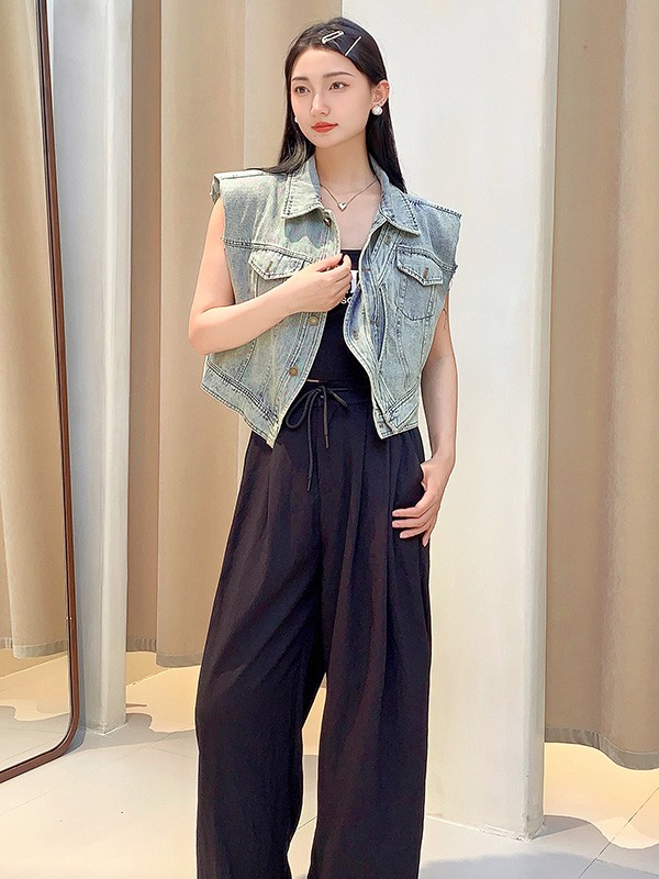 谜菲女装2023春夏季黑色阔腿裤