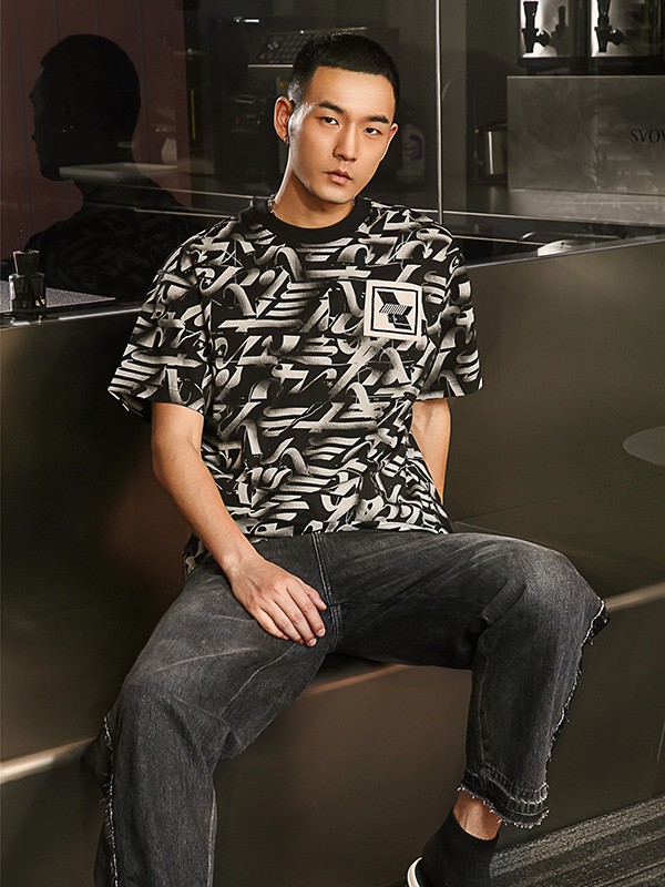 SVOVS男装2023春夏季黑色T恤