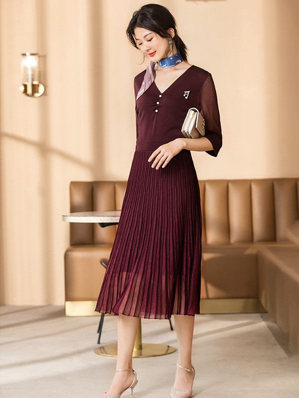 umisky/young2023春夏季酒红色连衣裙