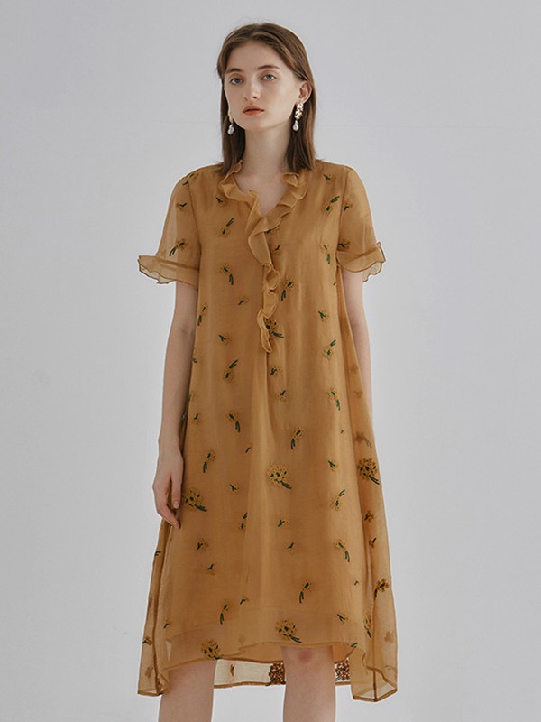 台绣女装2023春夏季橙色连衣裙