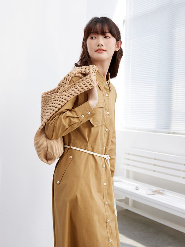 片断女装2023春夏季卡其色衬衫裙