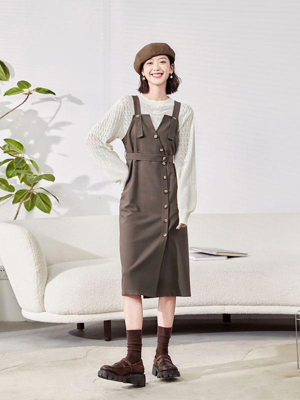 片断女装2022春夏季咖啡色吊带裙