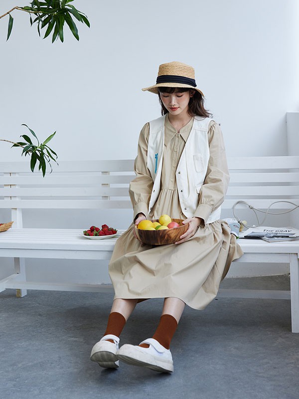 片断女装2023春夏季米色衬衫裙