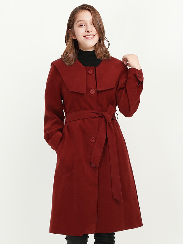 唯唯女装2022秋冬季酒红色大衣