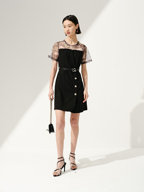 贝茜妮BISELENA女装2023春夏季黑色连衣裙