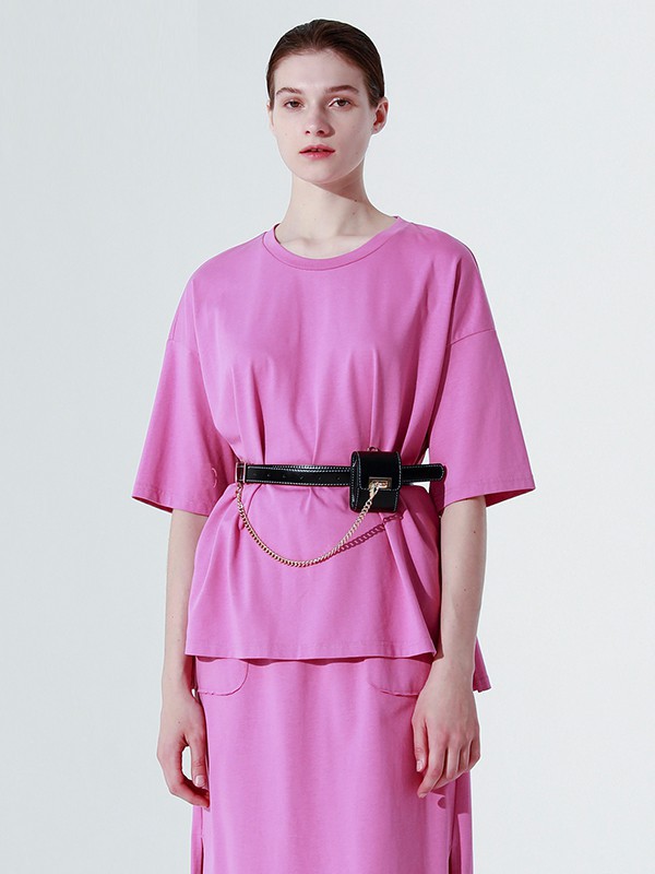 奕色女装2023春夏季粉色T恤