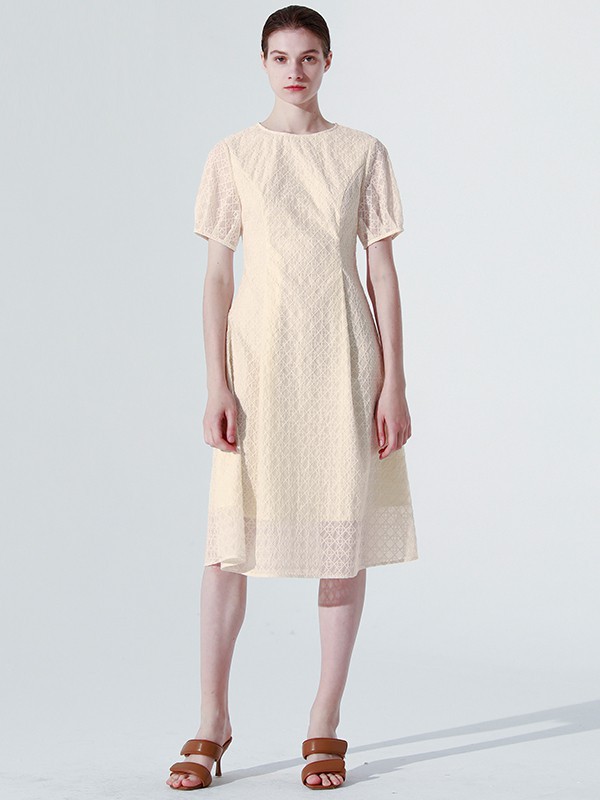 奕色女装2023春夏季米色连衣裙