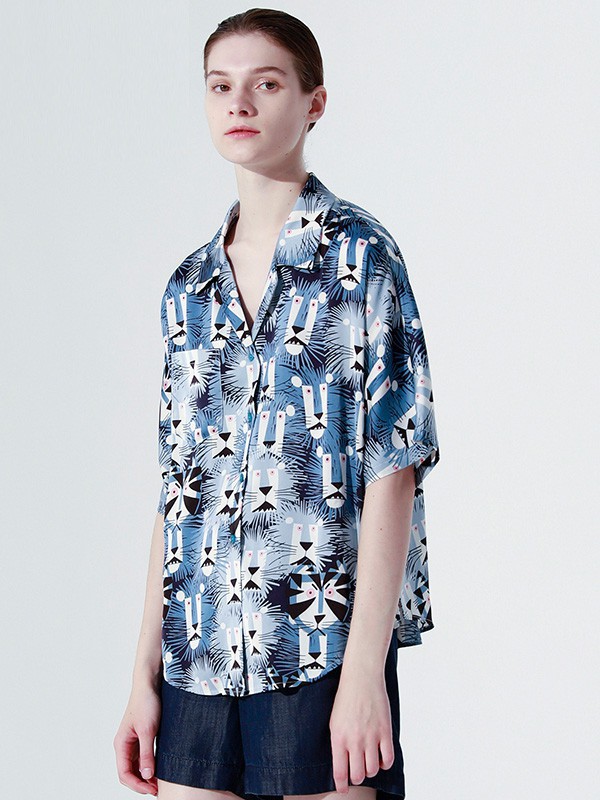 奕色女装2023春夏季蓝色衬衫