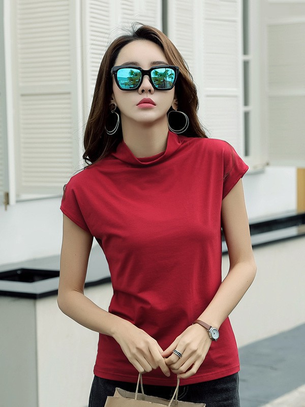 零库存女装2023春夏季酒红色T恤