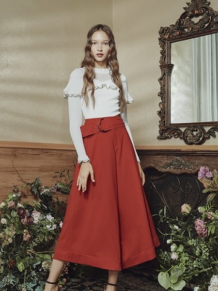 保时霓女装2023春夏季酒红色阔腿裤