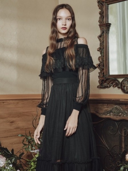 保时霓女装2023春夏季黑色连衣裙