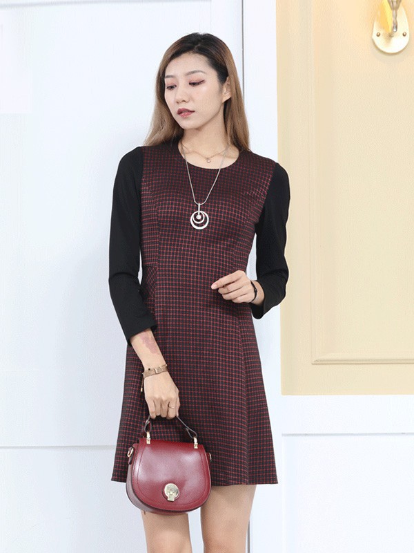 宗洋女装2022春夏季酒红色连衣裙