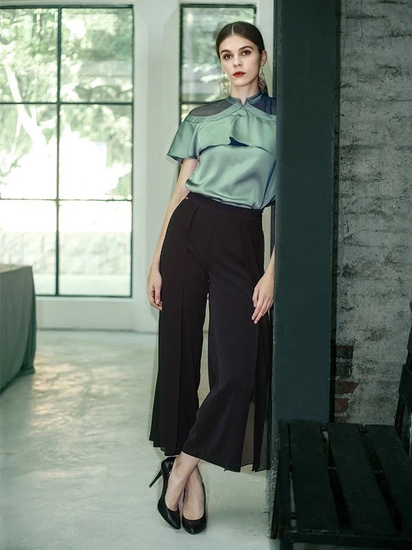 百诗雅兰女装2023春夏季黑色阔腿裤