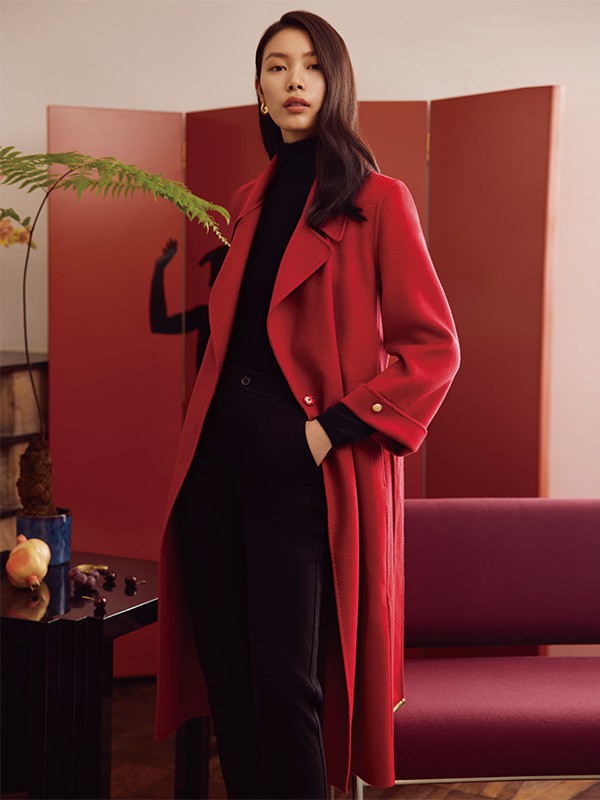 玖姿女装2022秋冬季酒红色大衣