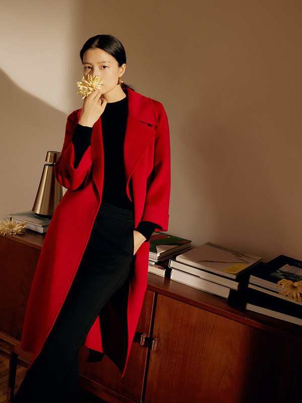 玖姿女装2022秋冬季酒红色大衣
