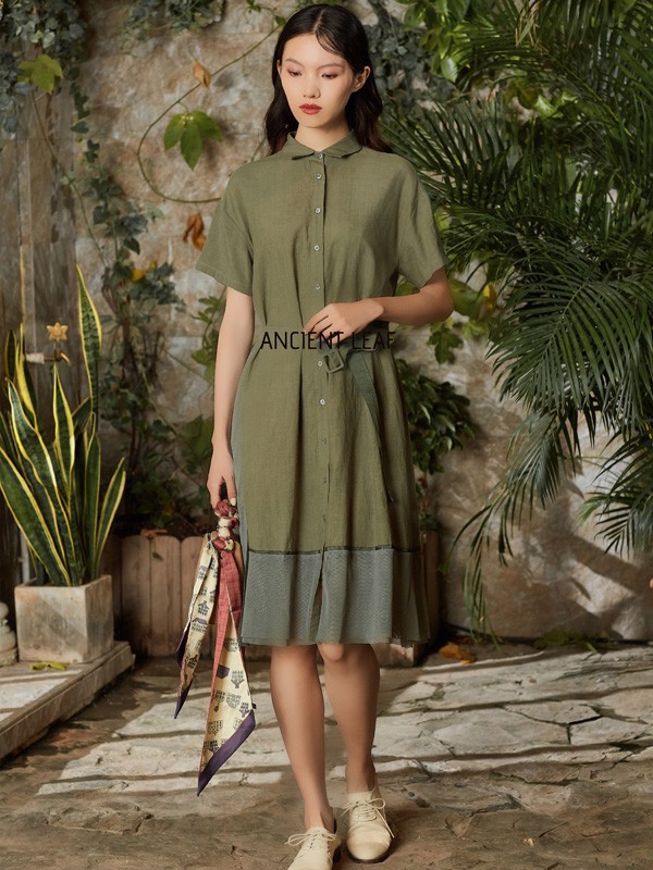 古树叶女装2023春夏季军绿色连衣裙