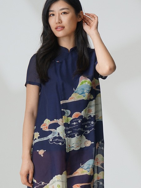 黛英女装2023春夏季藏蓝色连衣裙