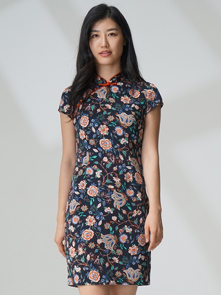 黛英女装2023春夏季藏蓝色旗袍