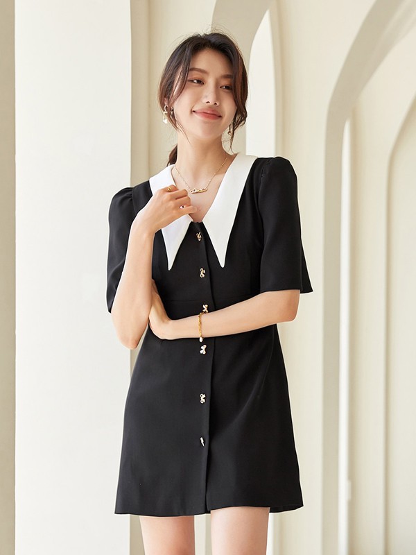 纳纹女装2023春夏季黑色连衣裙