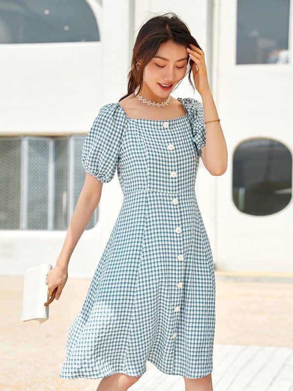 纳纹女装2023春夏季绿色连衣裙