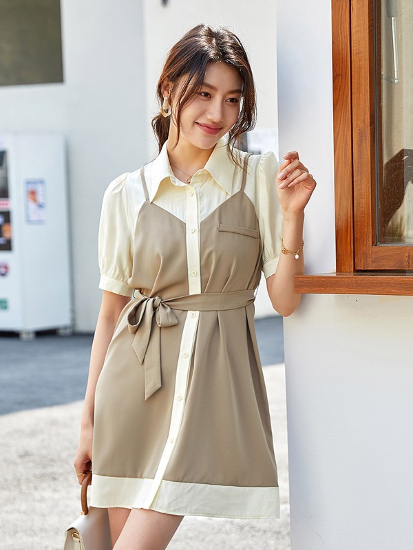 纳纹女装2023春夏季黄色衬衫裙