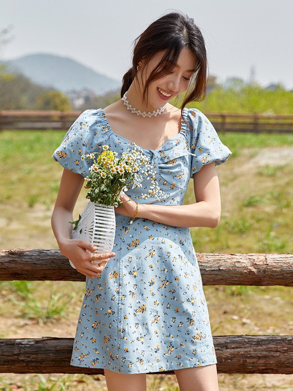 纳纹女装2023春夏季蓝色连衣裙