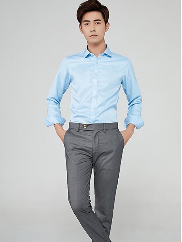 西域骆驼男装2023春夏季蓝色衬衫