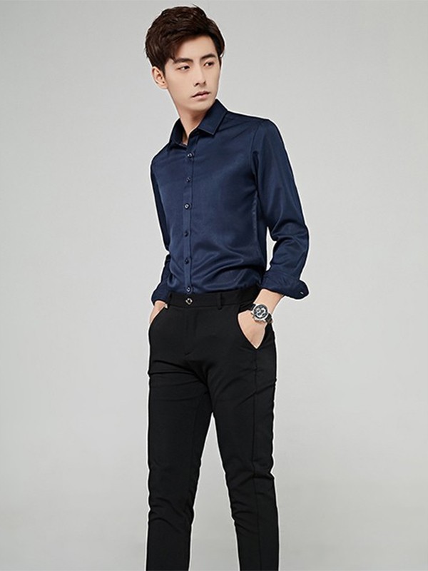 西域骆驼男装2023春夏季藏蓝色衬衫