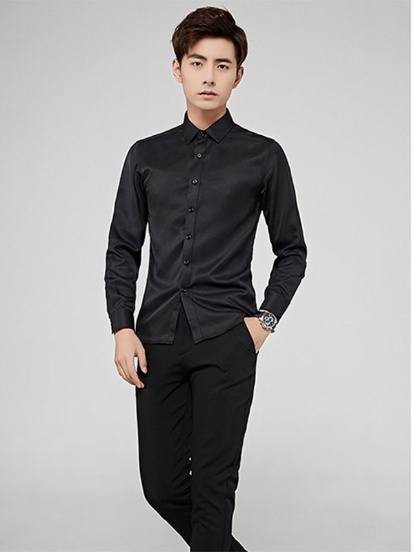 西域骆驼男装2023春夏季黑色衬衫