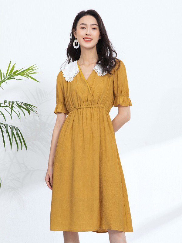 爱美斯女装2023春夏季黄色连衣裙