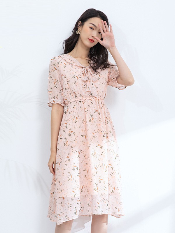 爱美斯女装2023春夏季粉色连衣裙