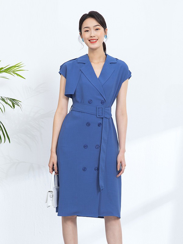 爱美斯女装2023春夏季蓝色连衣裙