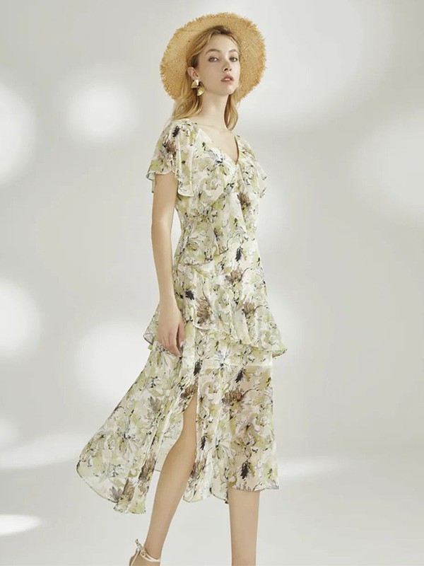 依目了然女装2023春夏季黄色连衣裙