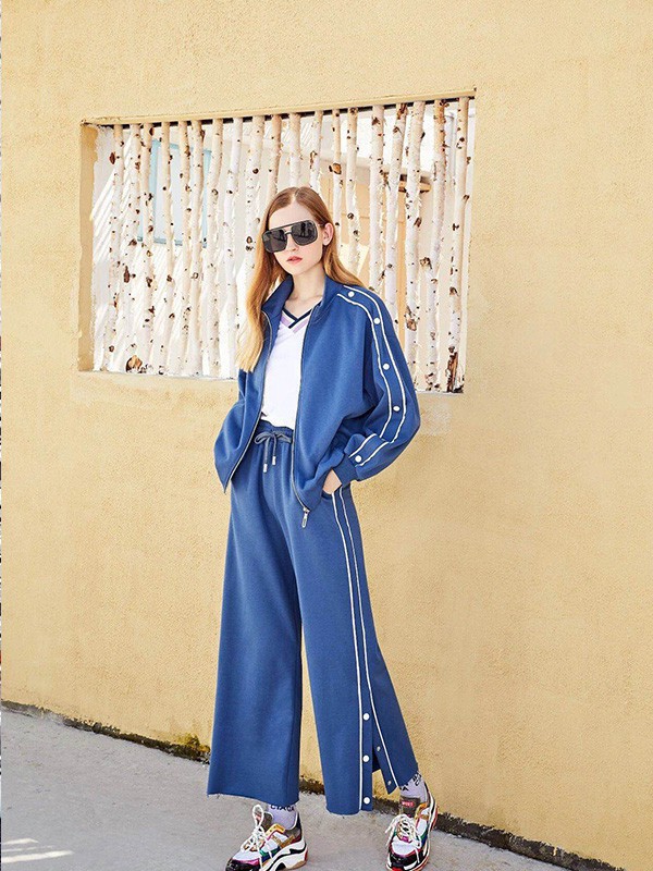 珂珀女装2023春夏季藏蓝色阔腿裤