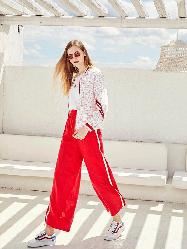 珂珀女装2023春夏季红色阔腿裤