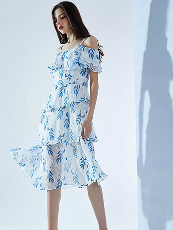 依然秀女装2023春夏季蓝色连衣裙