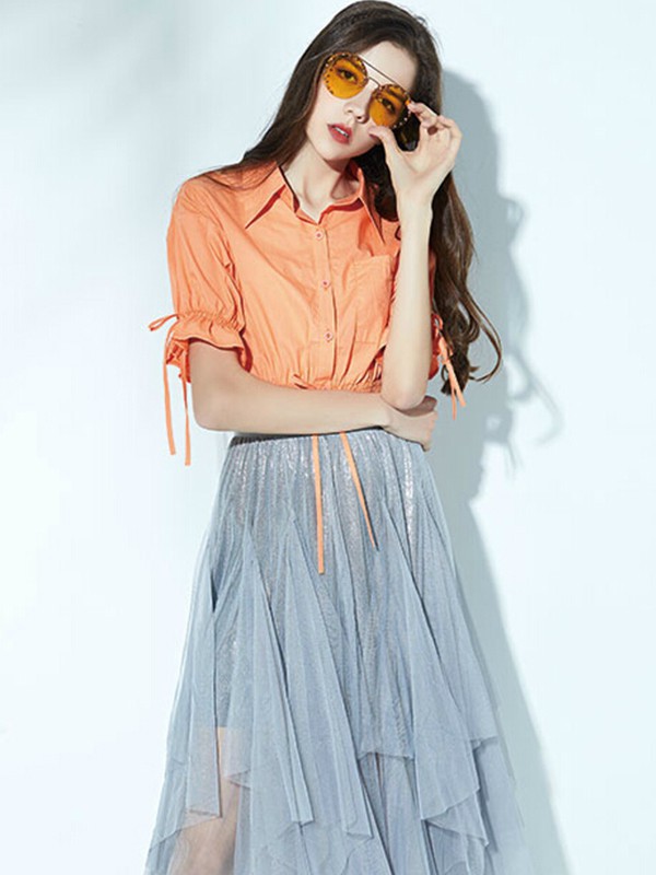依然秀女装2023春夏季橙色衬衫裙