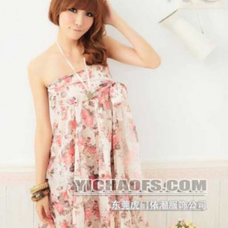 时尚百变花色烫金连衣裙批发 韩版无袖配腰带连衣裙批发 花边吊带长裙批发