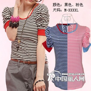superday 职业大码女装黑白条纹短袖T恤 粉色公主袖特价打底衫