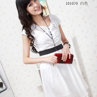 2011韩版春装连衣裙，折扣女装批发-101070优雅俏佳撞色淑女连衣裙